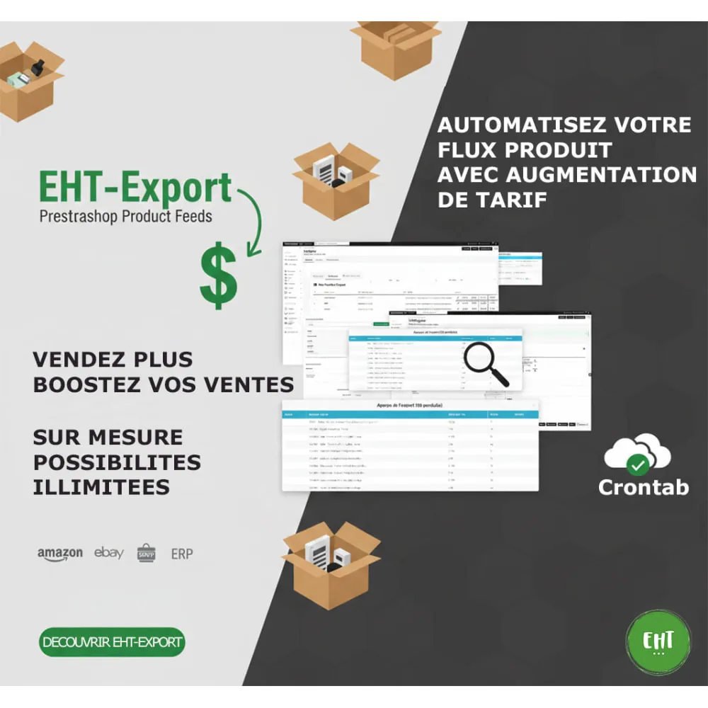 Générez des flux produits sur-mesure (CSV, XML, Excel) pour Google Shopping, marketplaces et ERP grâce à un outil d'export puissant, automatisable et multi-profils, avec augmentation tarif intégré